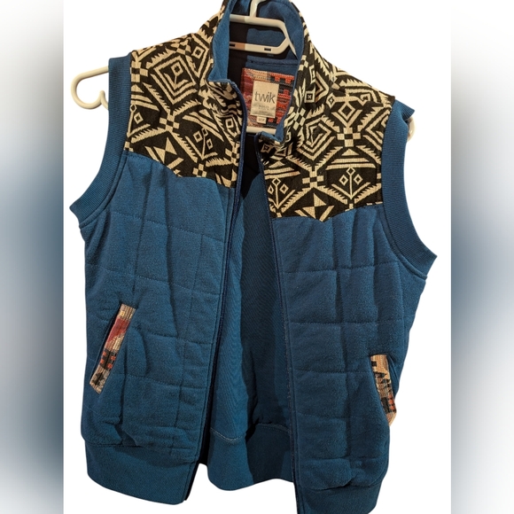 twik Jackets & Blazers - Blue Quilted Vest with Patterned Accents